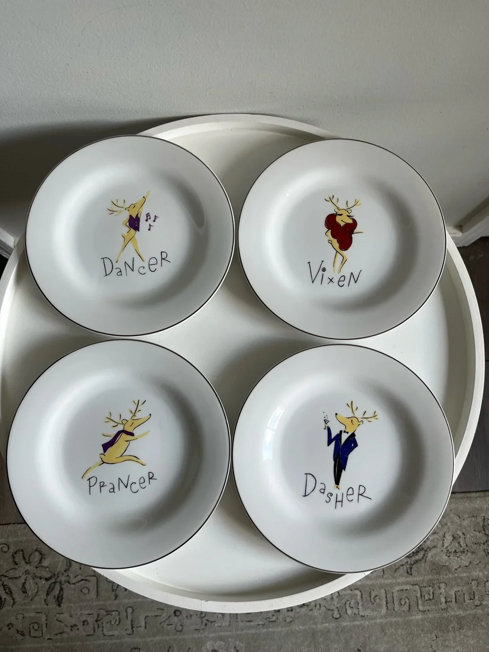 Lot of 4 Pottery Barn Christmas Reindeer Salad Plates Vintage